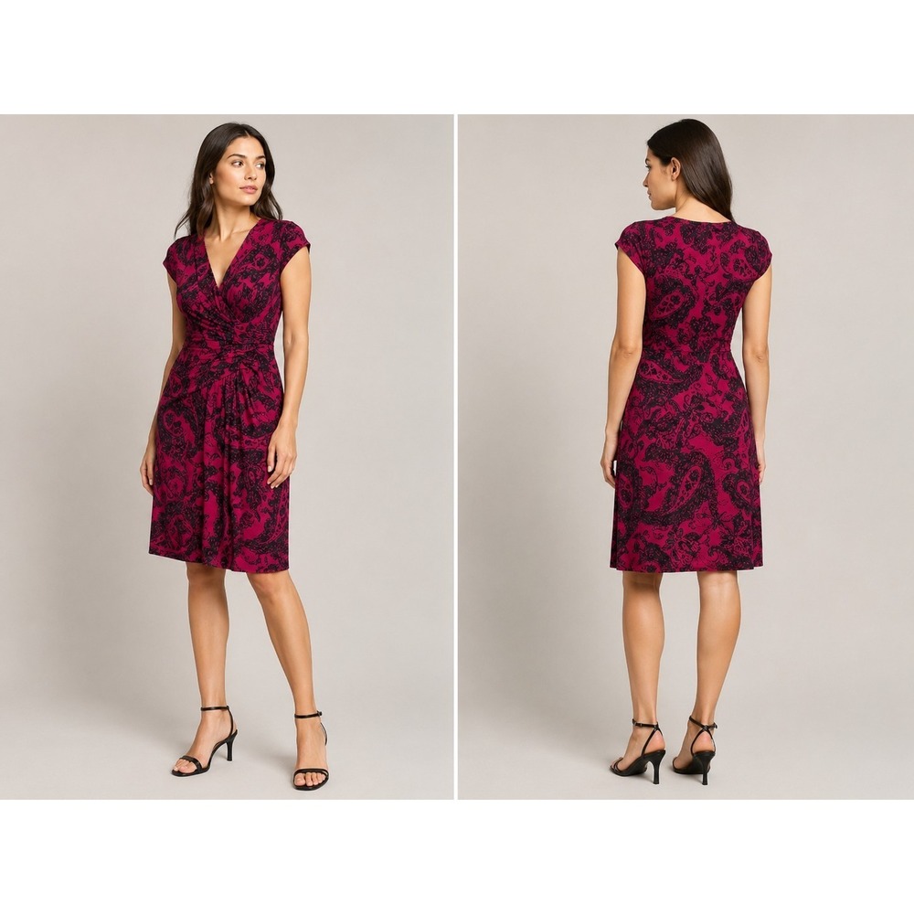 Donna Ricco New York Pink Black Faux Wrap Ruched Dress Womens Size 6‎ Midi